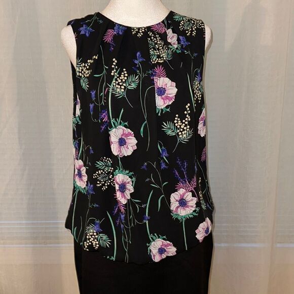 Liz Claiborne S Career Black Multicolored Floral Sleeveless Bubble Waist Top - Picture 1 of 10